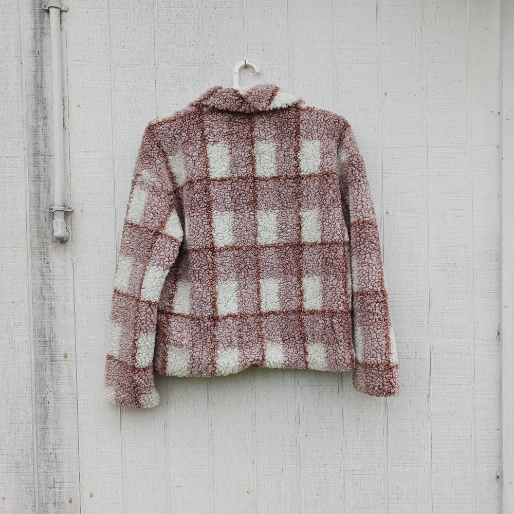 STOOSH Jacket Sherpa Teddy Small Oversized Plaid Fall Shacket Pink Button Front - Picture 3 of 5